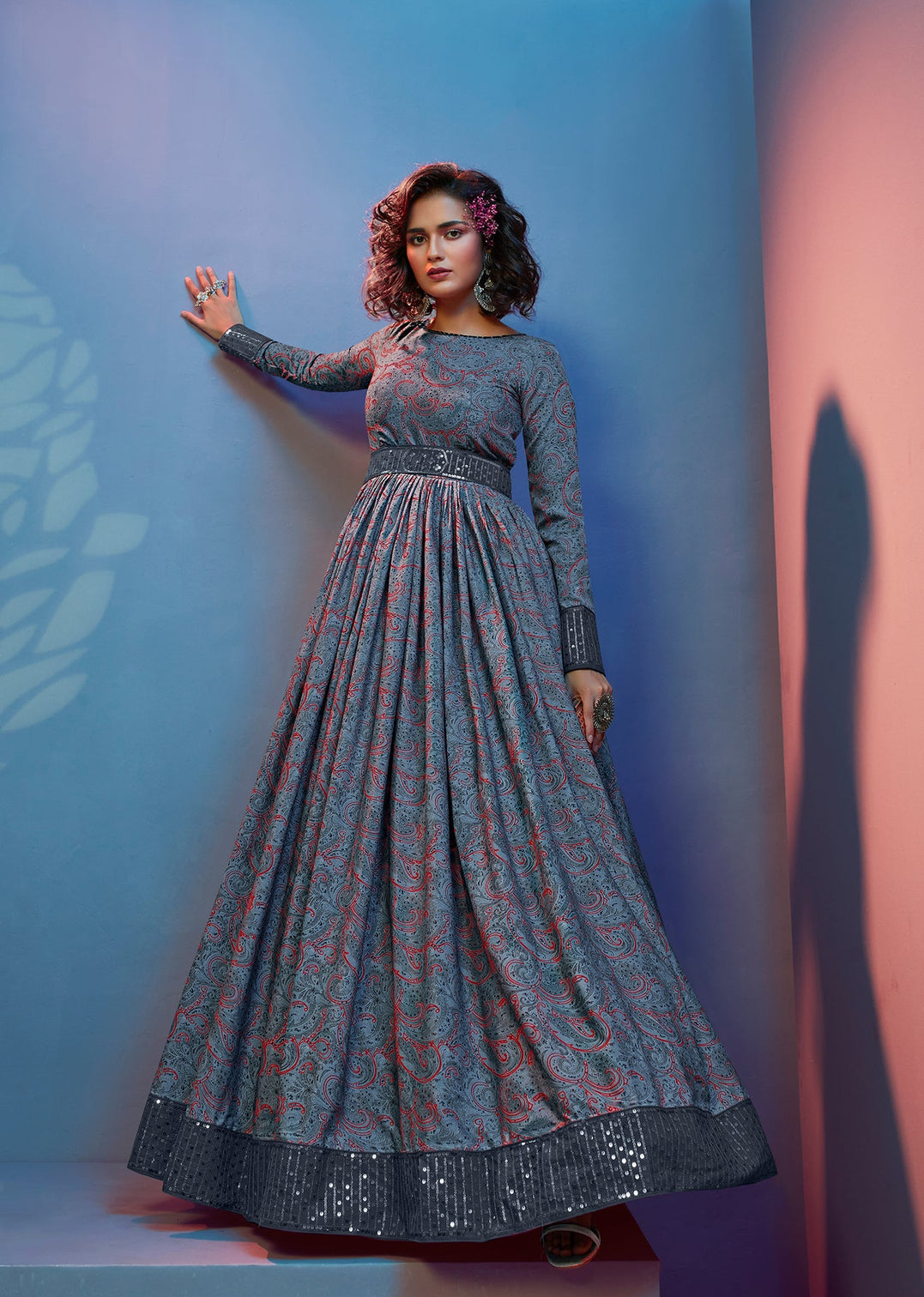 Provocative Grey Print With Sequince Embroidered Natural Crepe Anarkali Long Gown Semi Stitched