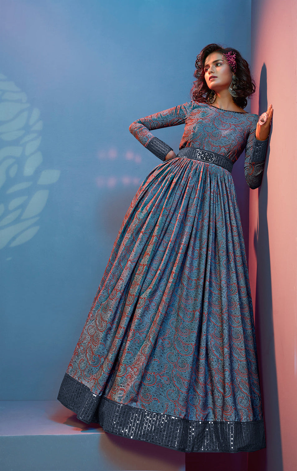Provocative Grey Print With Sequince Embroidered Natural Crepe Anarkali Long Gown Semi Stitched