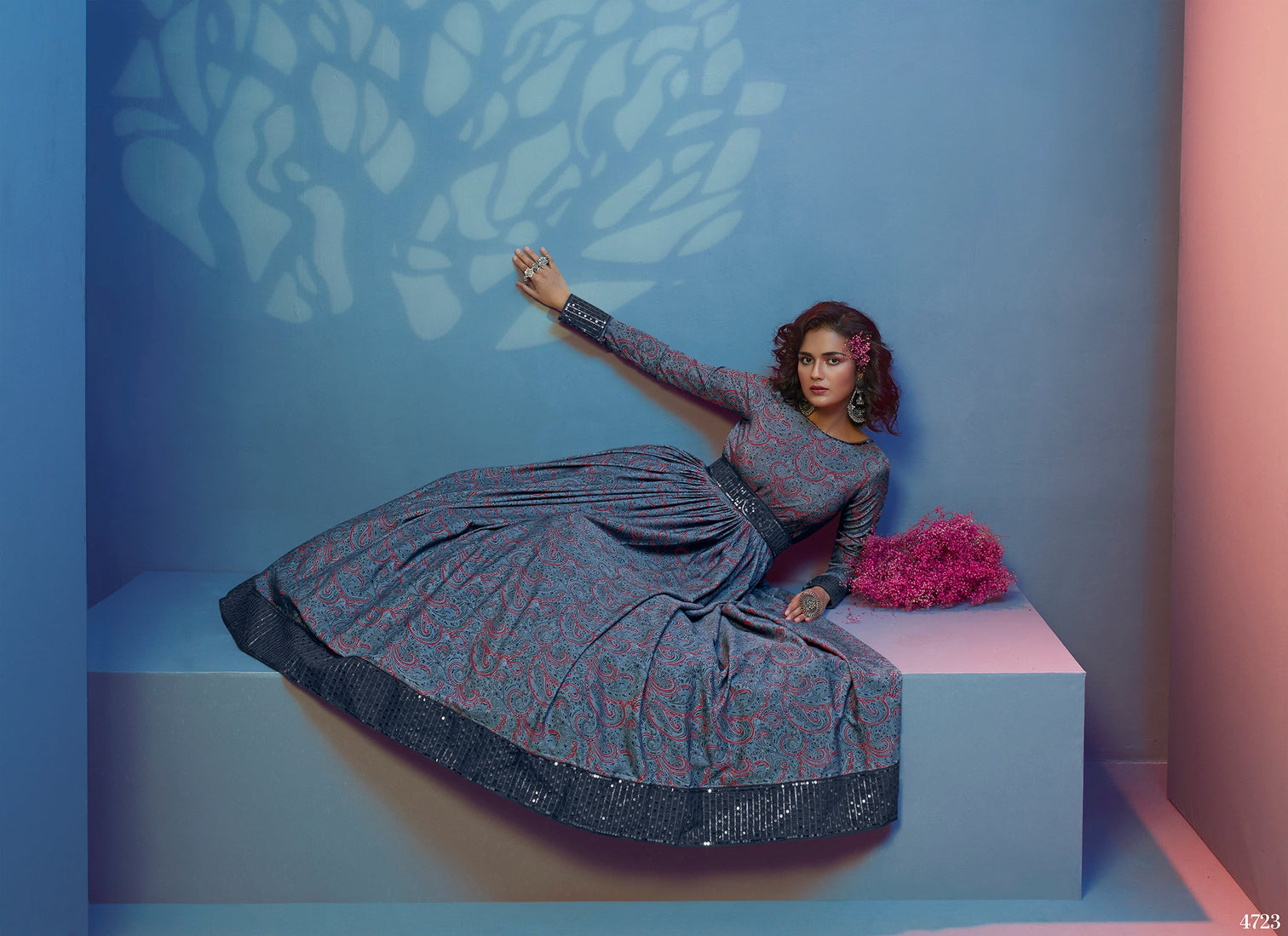 Provocative Grey Print With Sequince Embroidered Natural Crepe Anarkali Long Gown Semi Stitched