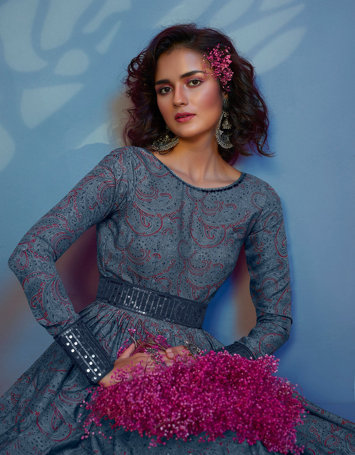 Provocative Grey Print With Sequince Embroidered Natural Crepe Anarkali Long Gown Semi Stitched