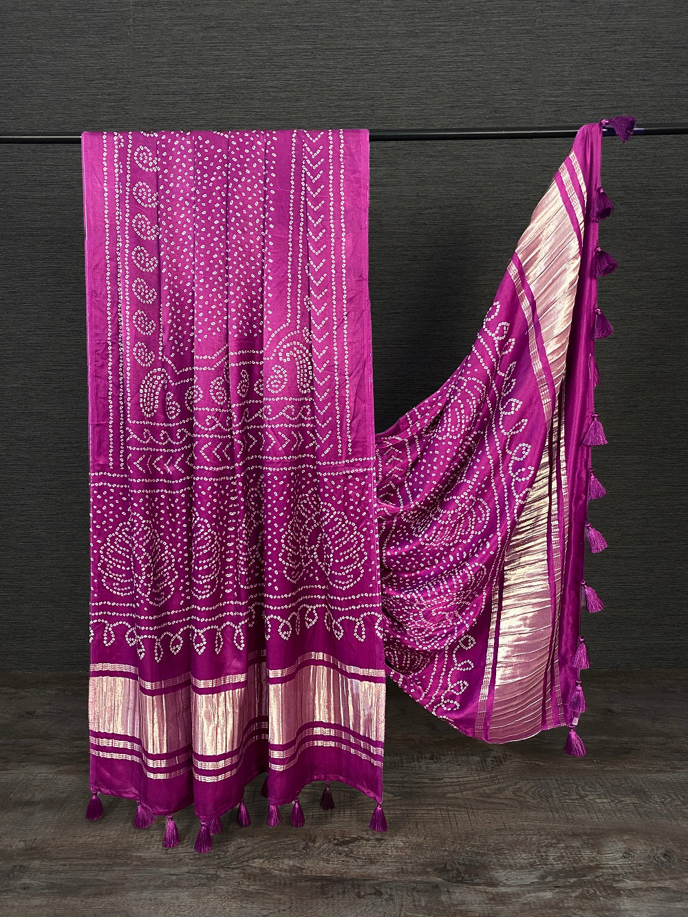 Wine Color Digital Bandhani Printed Pure Gaji Silk Dupatta With Tassels