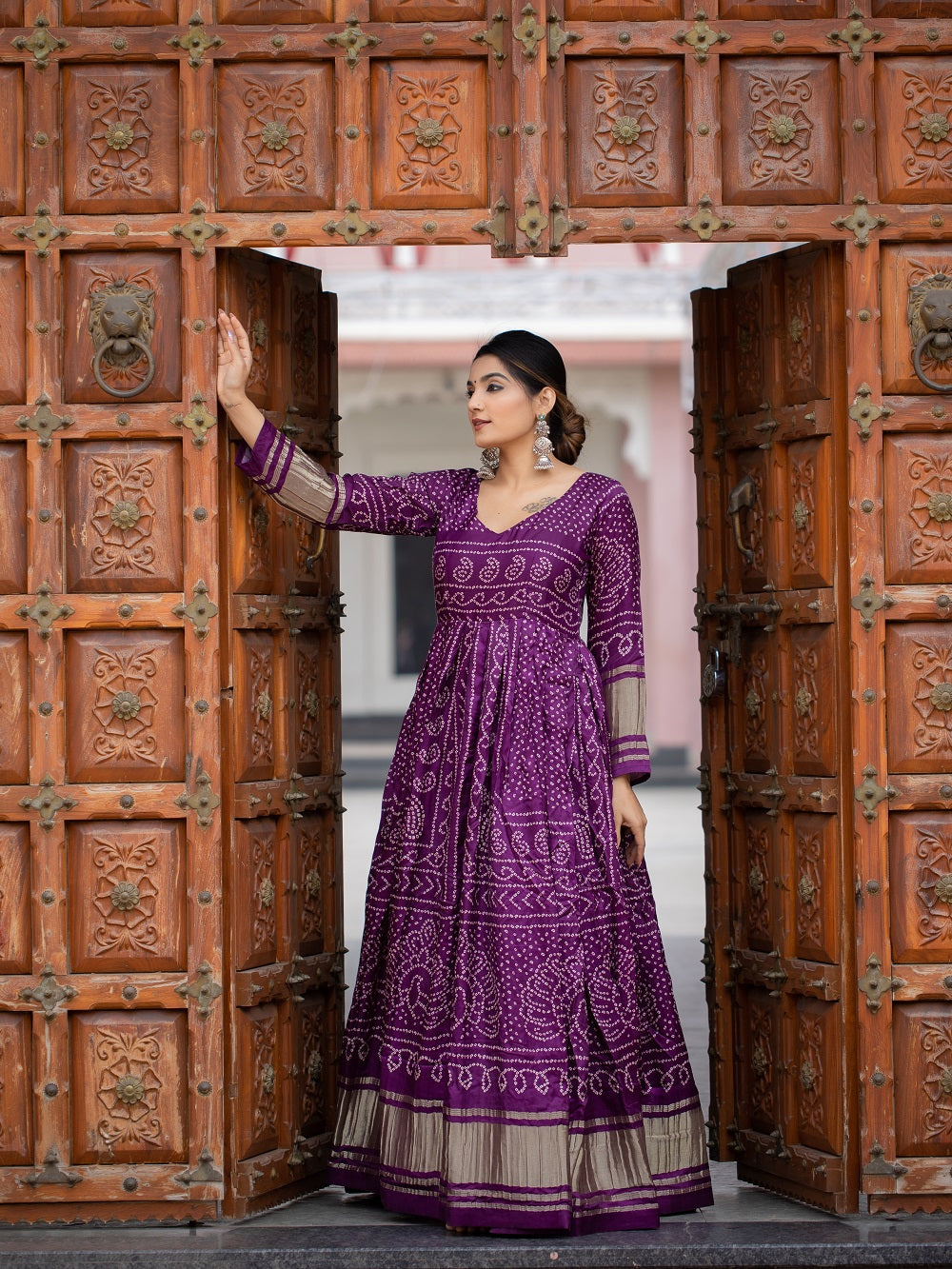 Wine color digital bandhej printed pure gaji silk beautiful dress