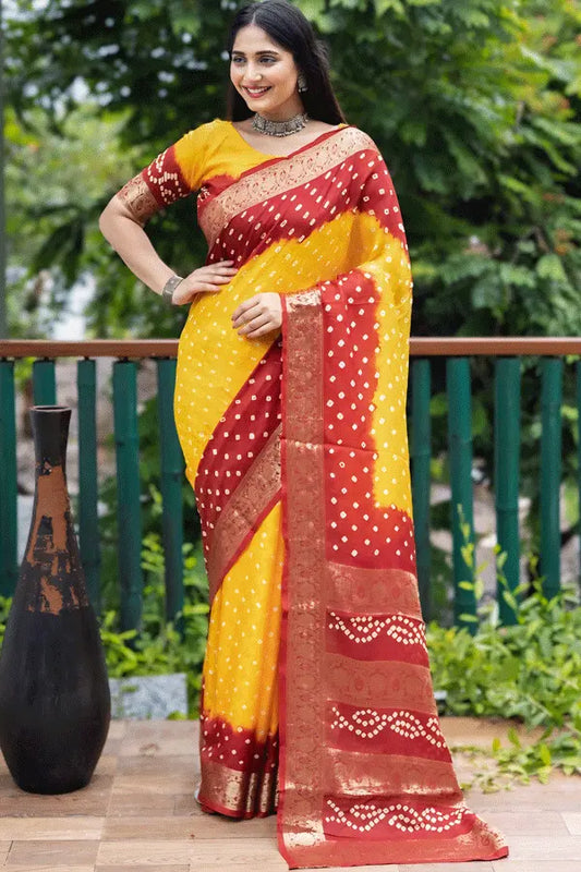 Yellow Red Bandhani Saree Price