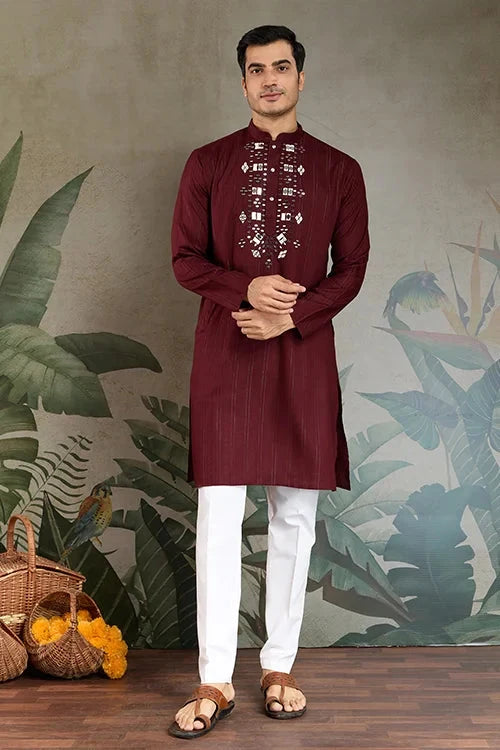 Traditional Maroon Mirror Embroidered Kurta with Dupatta