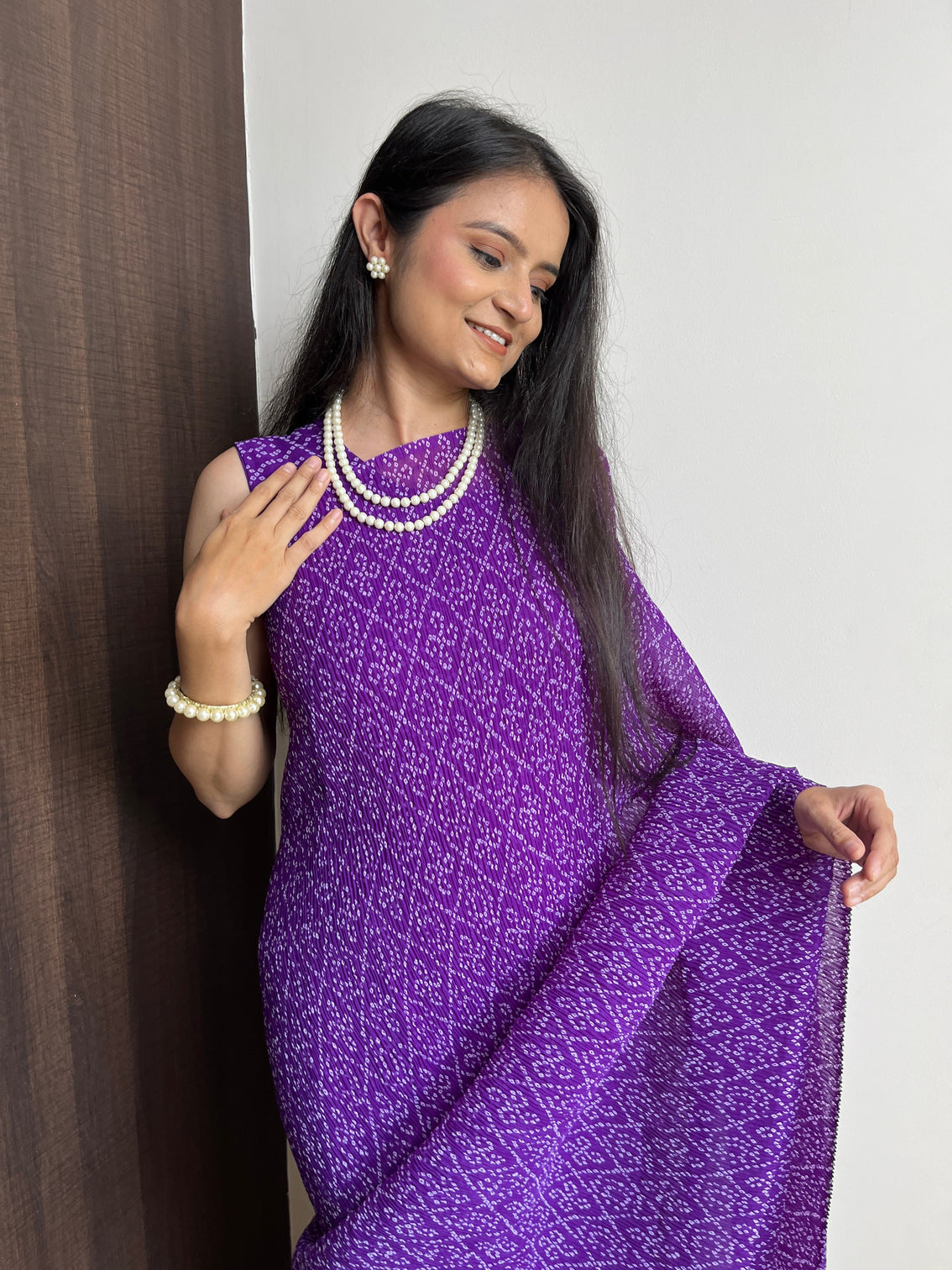 Purple Faux Georgette Saree Gown with Bandhani Print