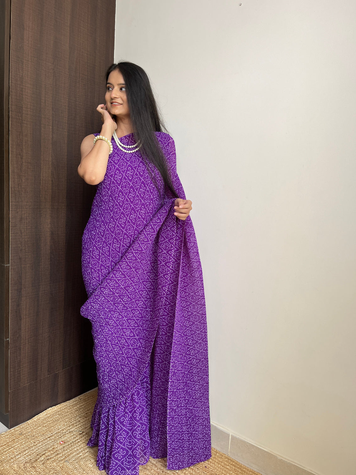 Purple Faux Georgette Saree Gown with Bandhani Print