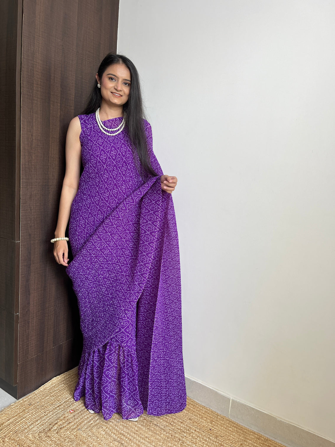 Purple Faux Georgette Saree Gown with Bandhani Print