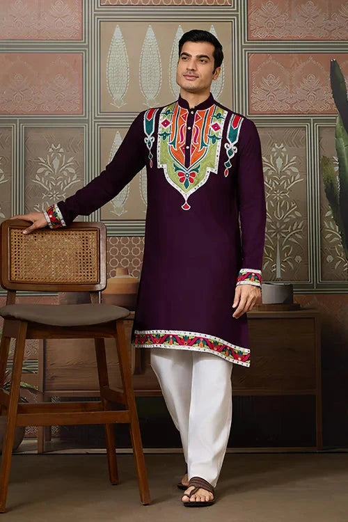 Purple Festival Wear Embroidery Mens Wear Kurta