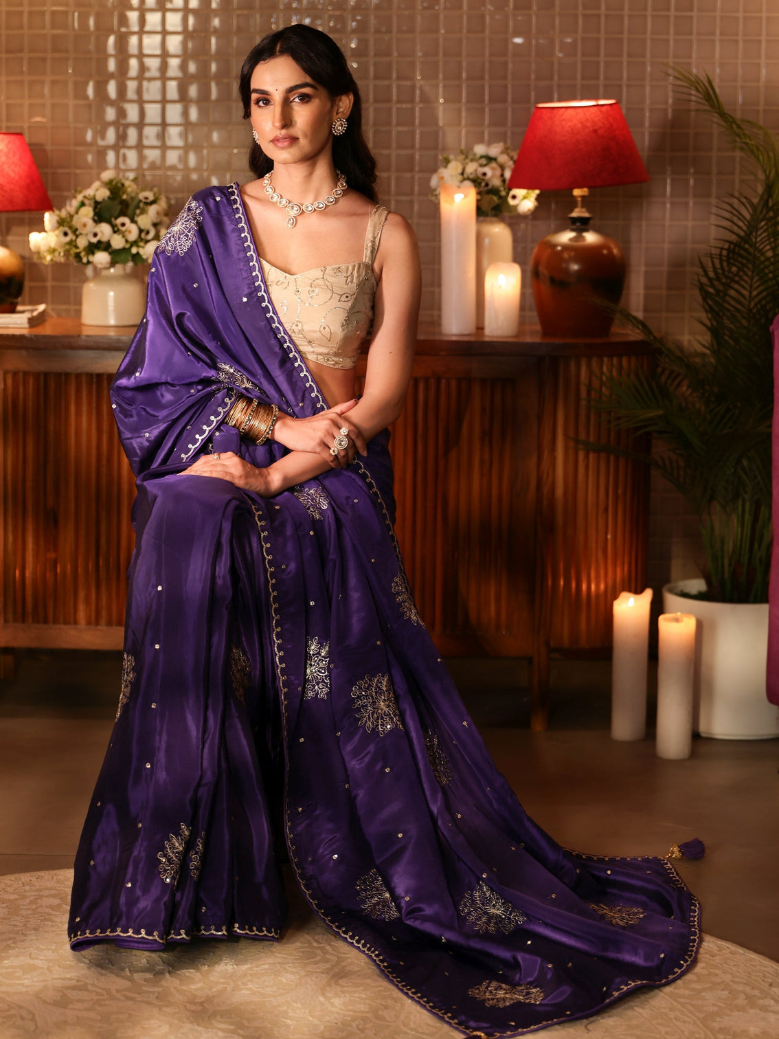 Mameraa Purple Floral Embroidered Silk Blend Saree
