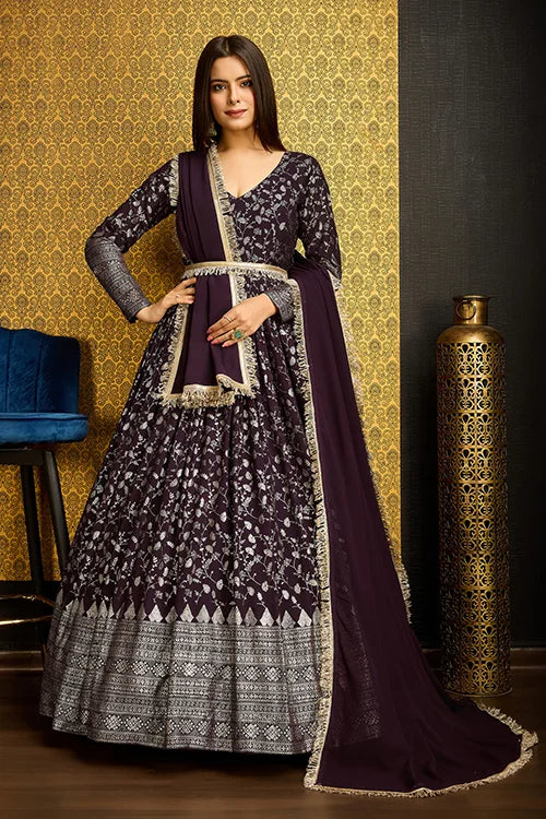 Stunning Purple Anarkali Long Gown with Lace Belt