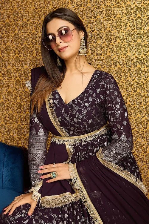 Stunning Purple Anarkali Long Gown with Lace Belt