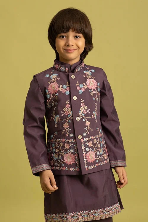 Premium Purple Kids Koti Kurta Pajama Set for Wedding Style