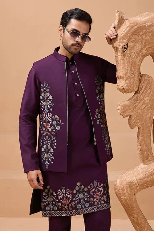 Vibrant Purple Color Koti Kurta Set Pair for Men Collection