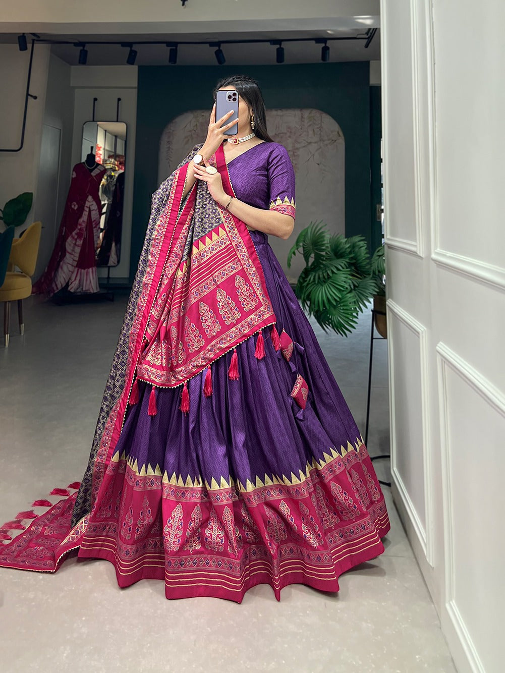 Purple Color Printed Tussar Silk Lehenga Choli
