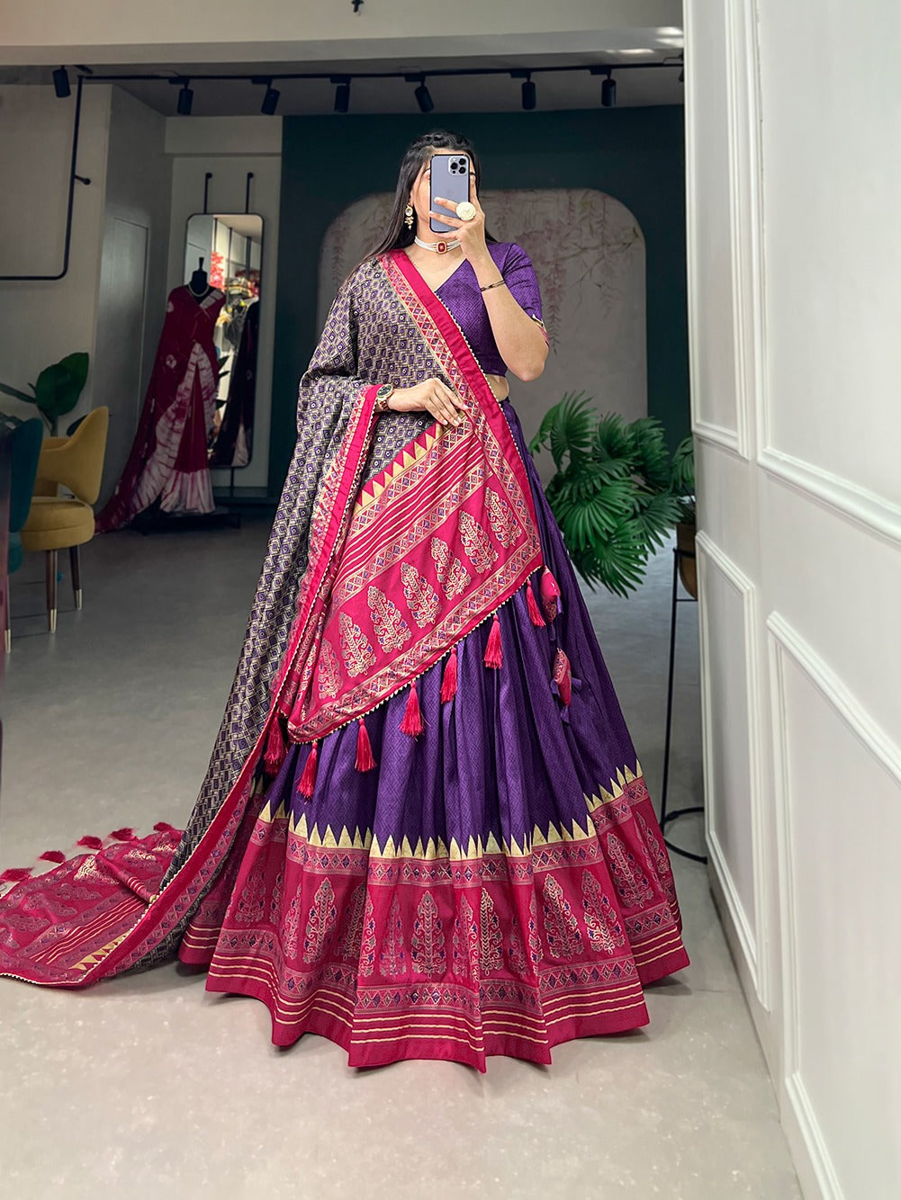 Purple Color Printed Tussar Silk Lehenga Choli