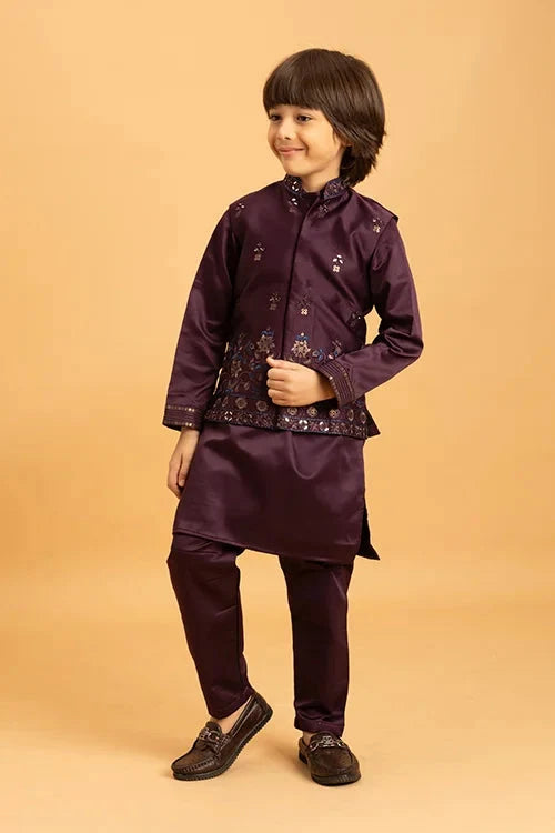 Purple Mirror Work Koti Kurta Set for Boys