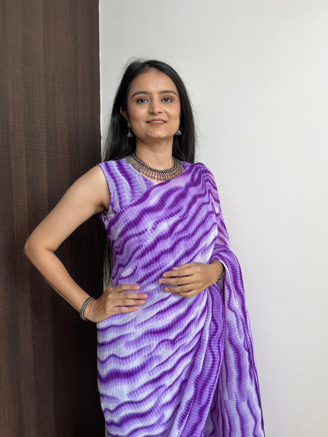 Purple Faux Georgette Gown Saree in Digital Shibori Print