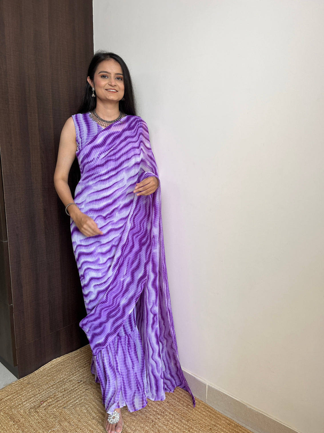 Purple Faux Georgette Gown Saree in Digital Shibori Print