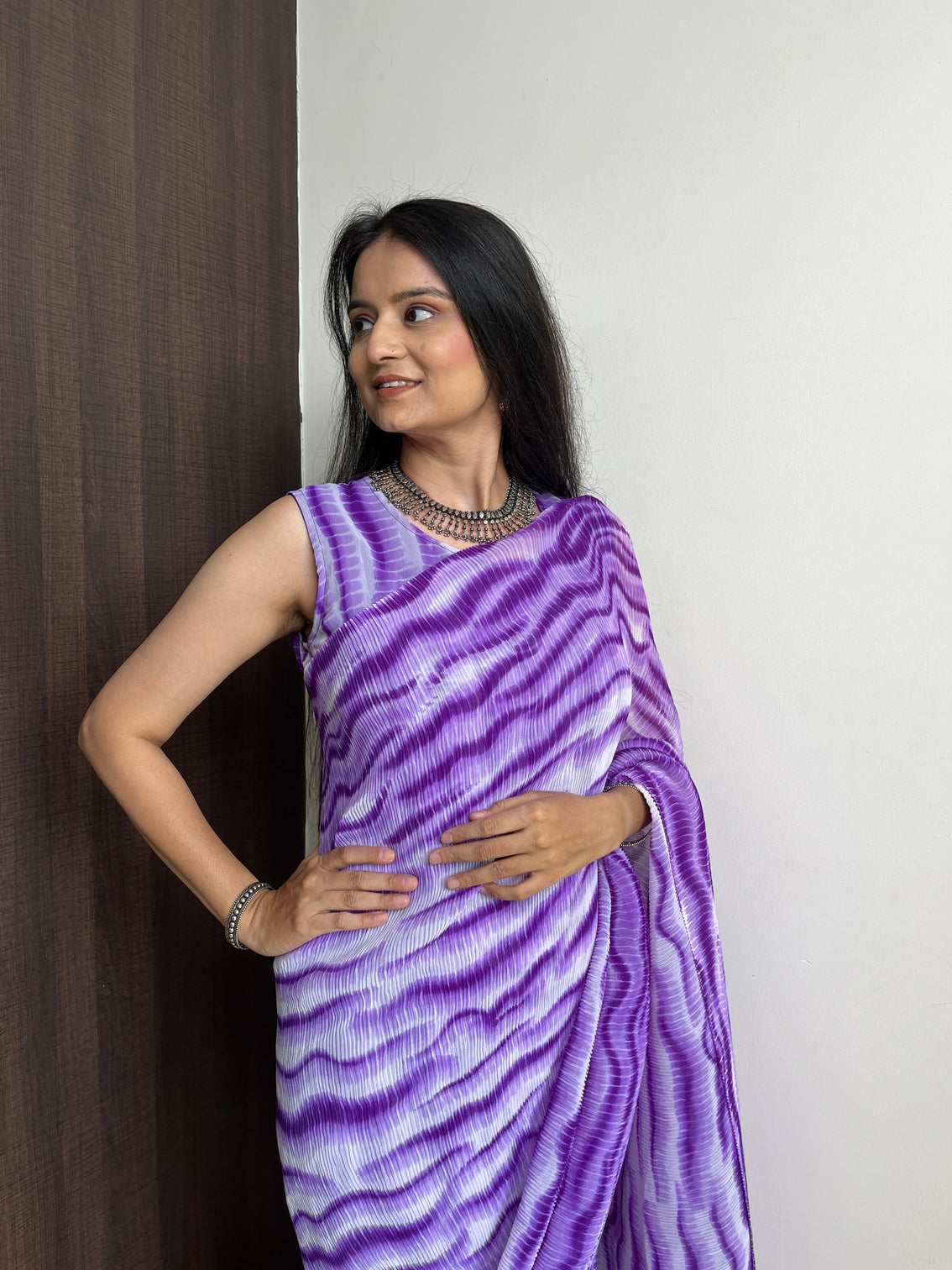 Purple Faux Georgette Gown Saree in Digital Shibori Print