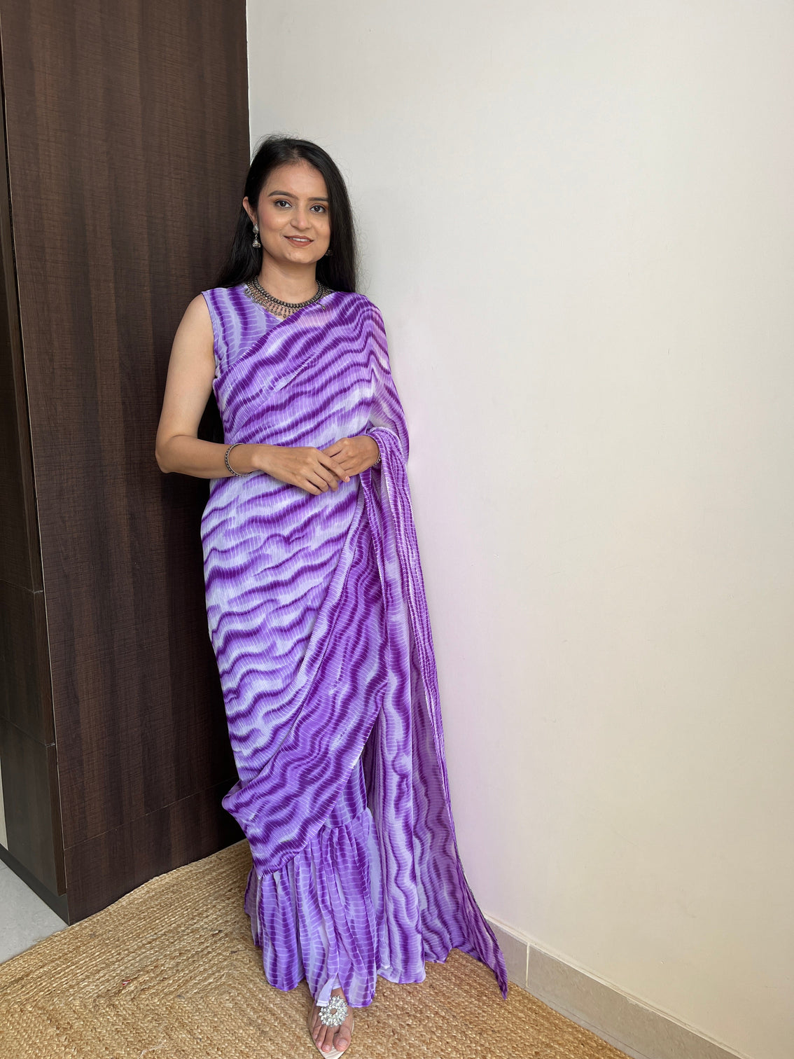 Purple Faux Georgette Gown Saree in Digital Shibori Print