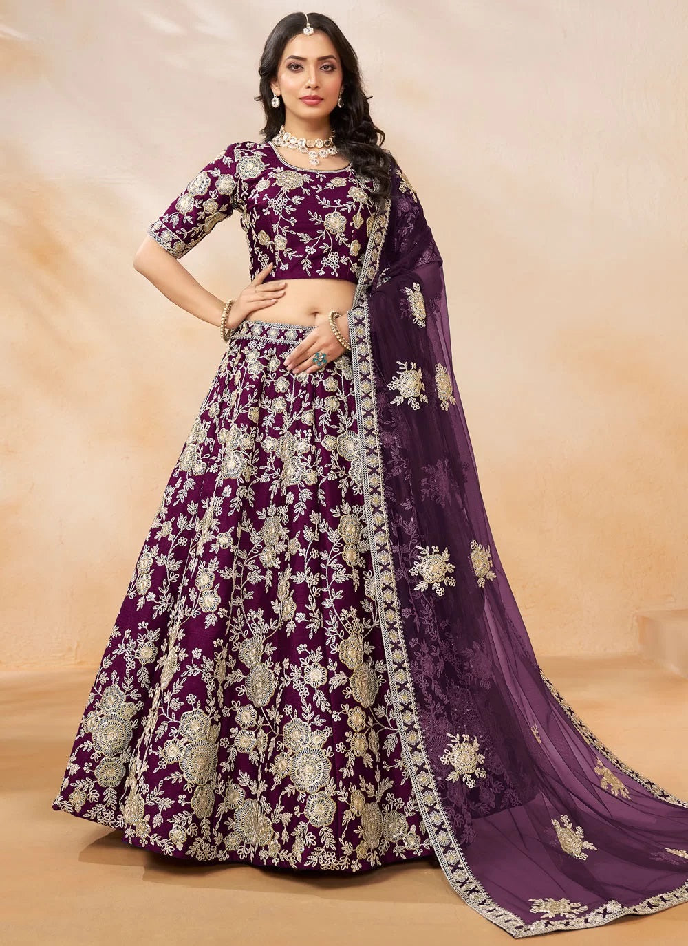 Graceful purple art silk party wear indian lehenga