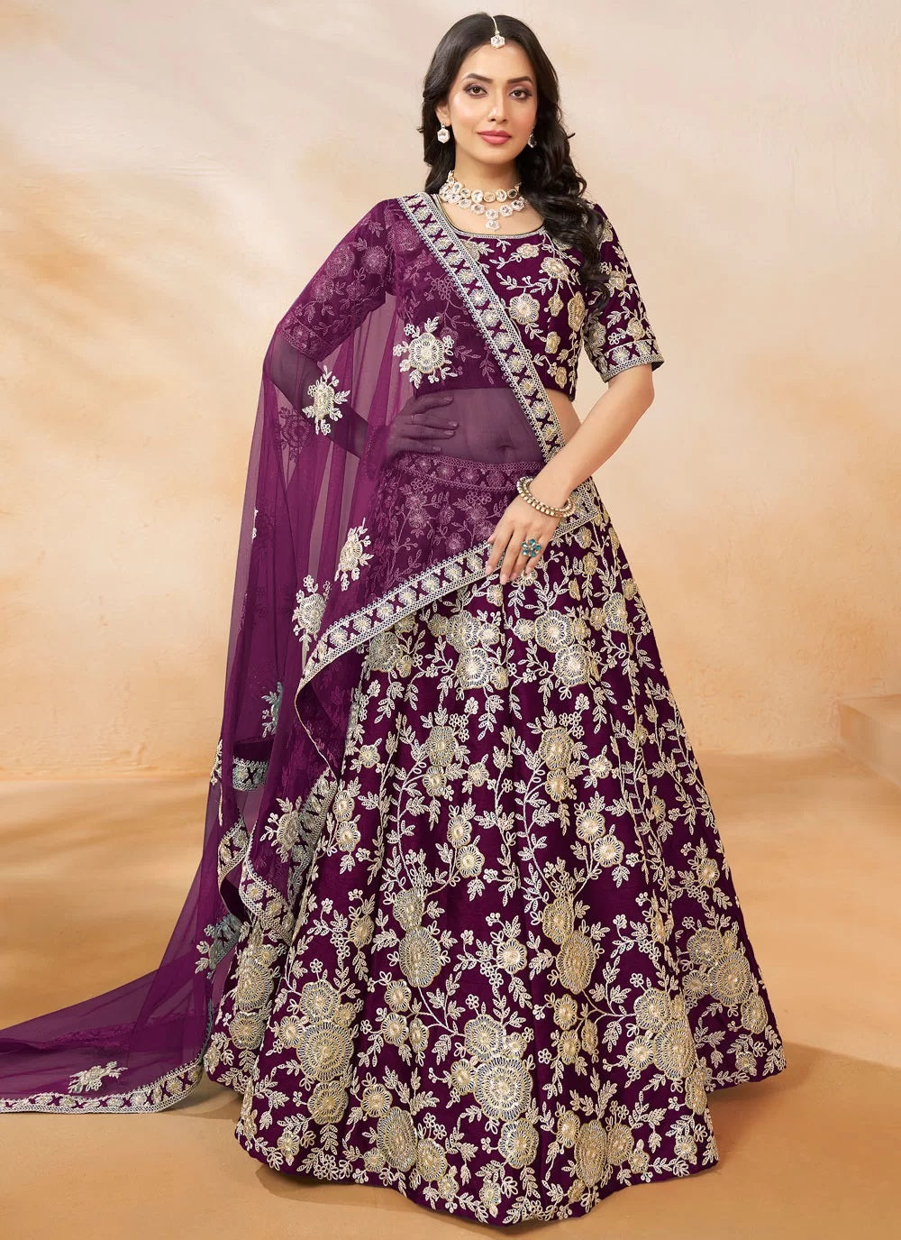 Graceful purple art silk party wear indian lehenga