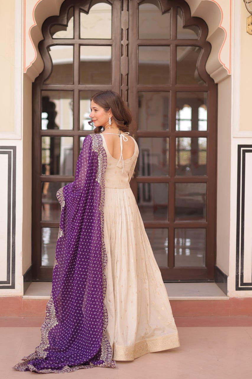 Cream Trending Cosmos Jacquard Gown with Bandhani Cut-Work Dupatta  Pearl Beads Embroidery Full-Stitched Elegance