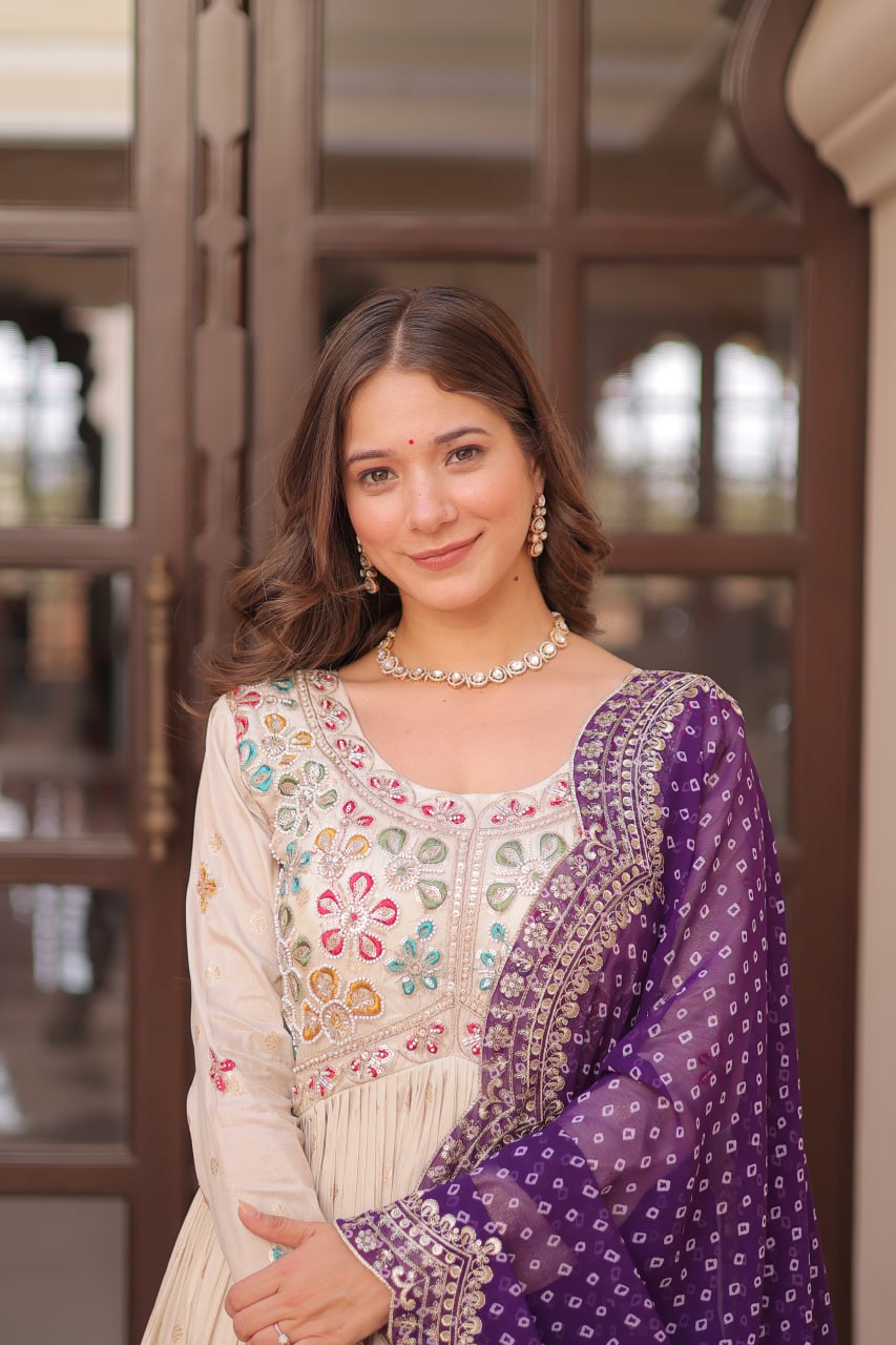 Cream Trending Cosmos Jacquard Gown with Bandhani Cut-Work Dupatta  Pearl Beads Embroidery Full-Stitched Elegance