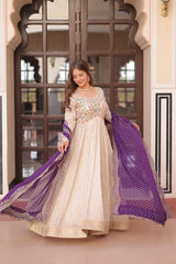 Cream Trending Cosmos Jacquard Gown with Bandhani Cut-Work Dupatta  Pearl Beads Embroidery Full-Stitched Elegance