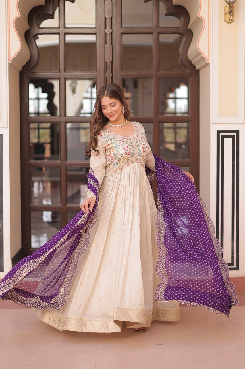 Cream Trending Cosmos Jacquard Gown with Bandhani Cut-Work Dupatta  Pearl Beads Embroidery Full-Stitched Elegance