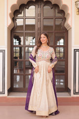 Cream Trending Cosmos Jacquard Gown with Bandhani Cut-Work Dupatta  Pearl Beads Embroidery Full-Stitched Elegance