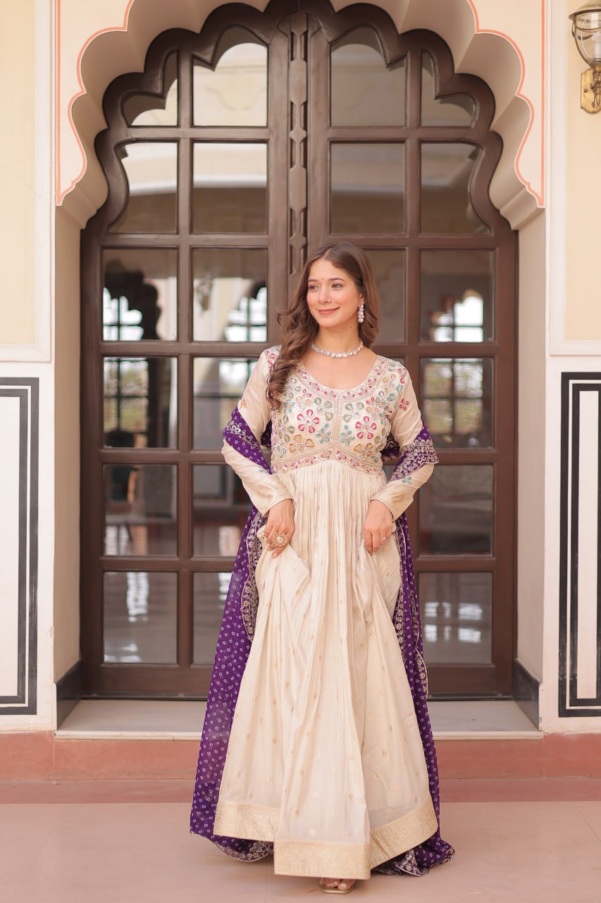 Cream Trending Cosmos Jacquard Gown with Bandhani Cut-Work Dupatta  Pearl Beads Embroidery Full-Stitched Elegance