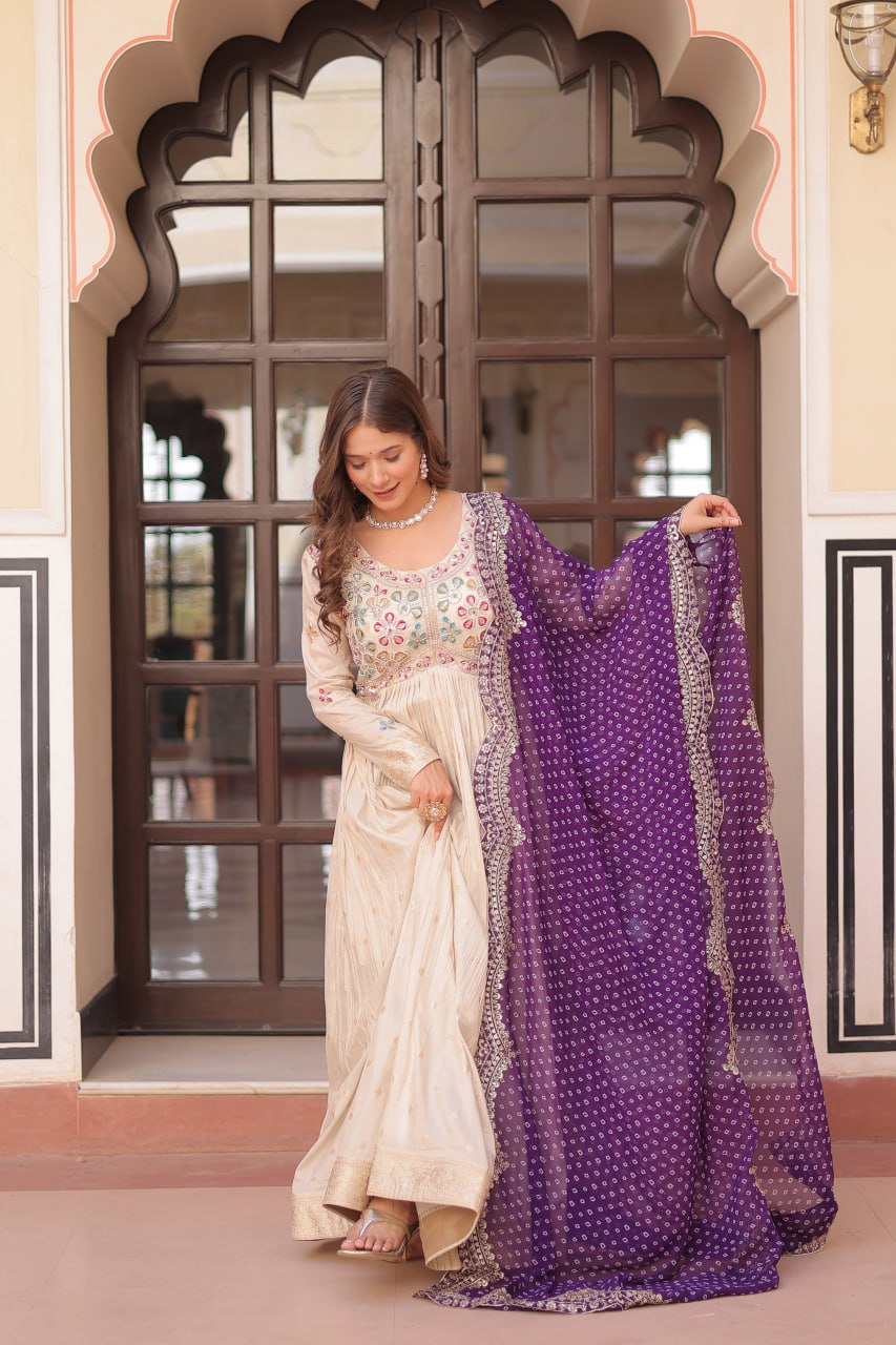 Cream Trending Cosmos Jacquard Gown with Bandhani Cut-Work Dupatta  Pearl Beads Embroidery Full-Stitched Elegance