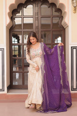 Cream Trending Cosmos Jacquard Gown with Bandhani Cut-Work Dupatta  Pearl Beads Embroidery Full-Stitched Elegance