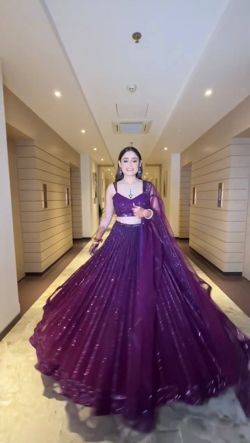Purple Designer Net Lehenga Set with Sequins & Dori Embroidery