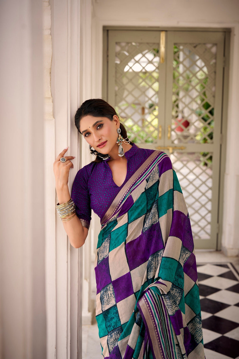 Purple Elegant Chanderi Printed Saree with Temple Border & Matching Blouse