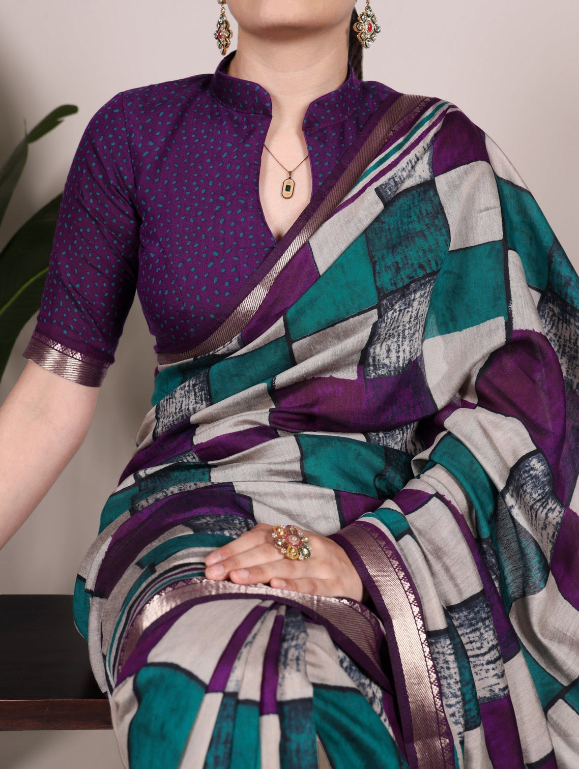 Purple Elegant Chanderi Printed Saree with Temple Border & Matching Blouse