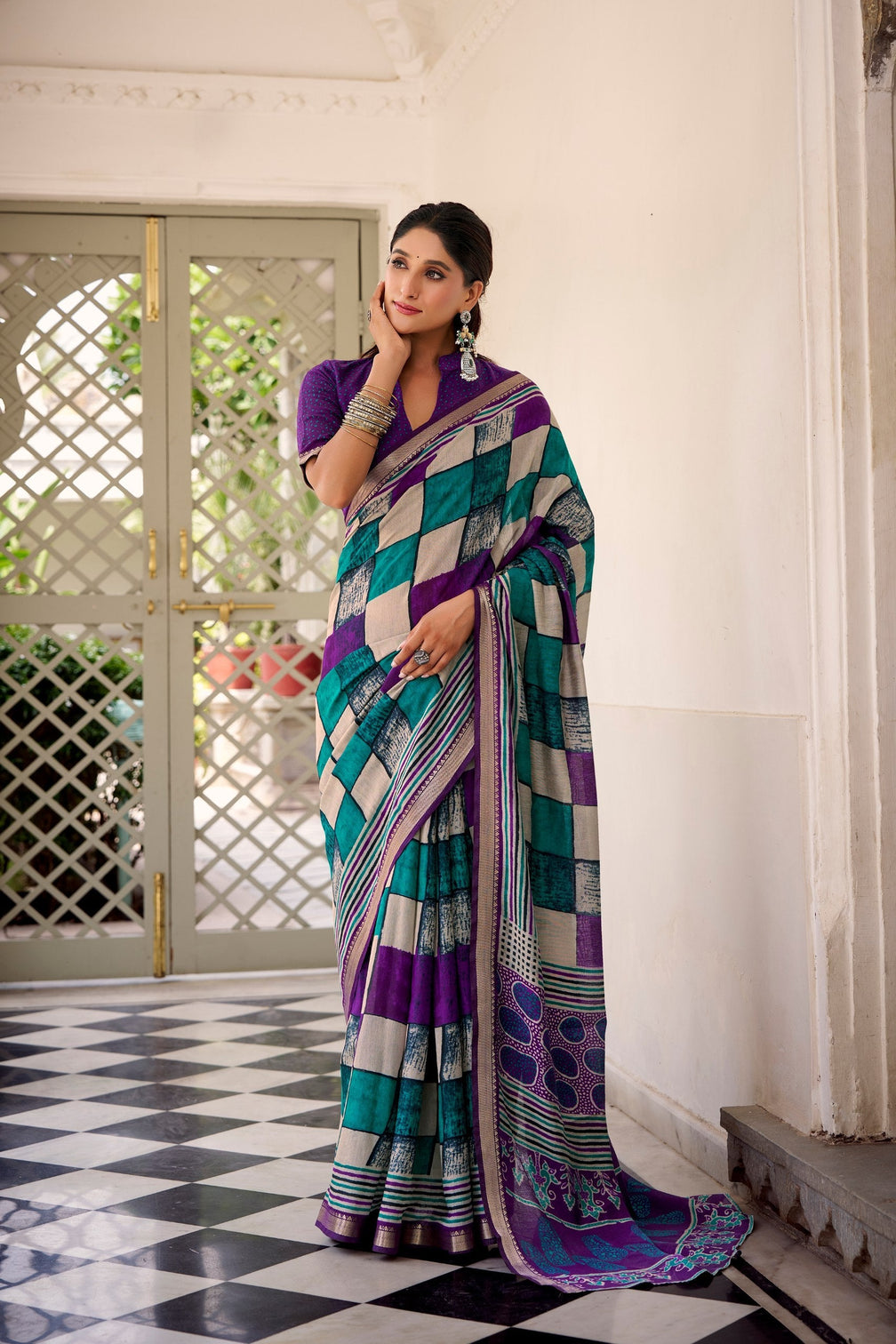 Purple Elegant Chanderi Printed Saree with Temple Border & Matching Blouse