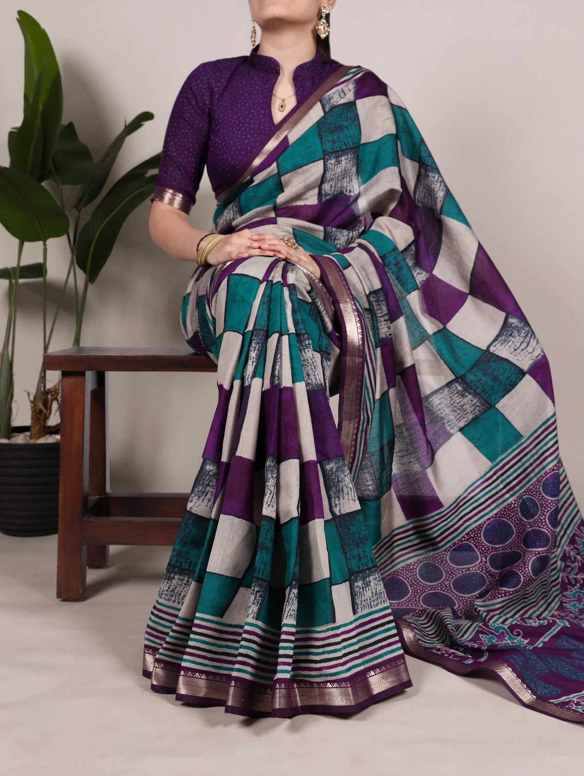 Purple Elegant Chanderi Printed Saree with Temple Border & Matching Blouse