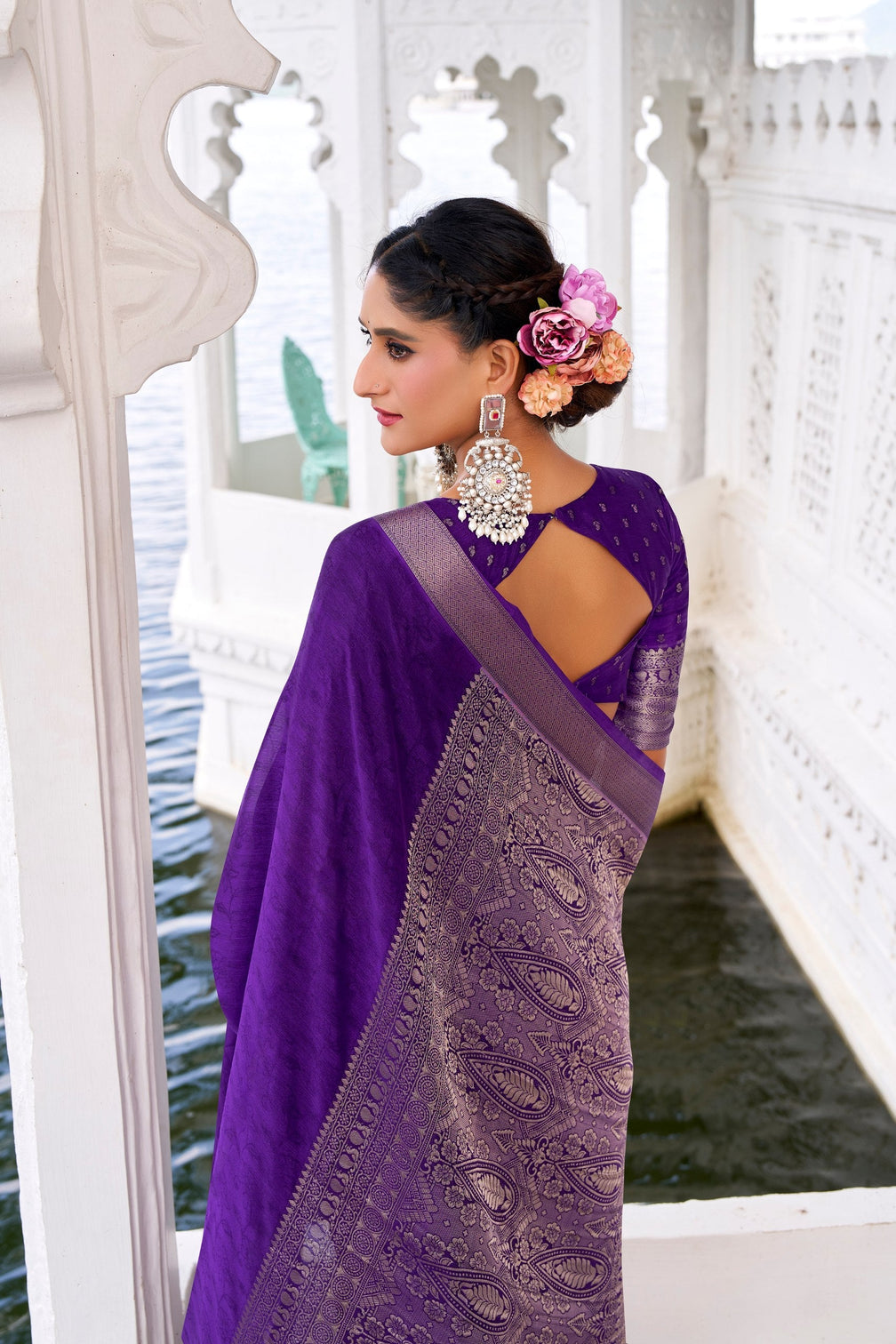 Purple Elegant Chinon Saree with Self Print & Zari Weaving Work Unstitched Blouse Included