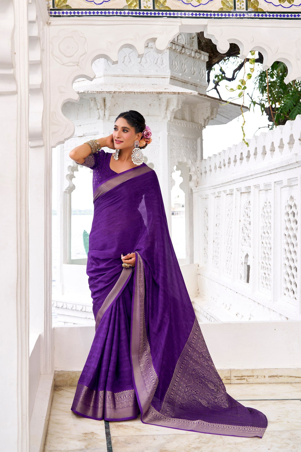 Purple Elegant Chinon Saree with Self Print & Zari Weaving Work Unstitched Blouse Included