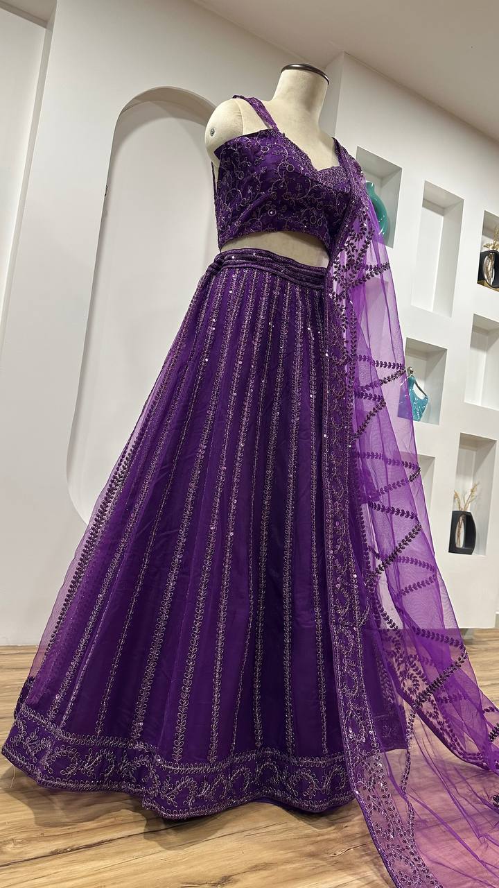 Purple Elegant Net Lehenga Set with Sequins & Dori Work