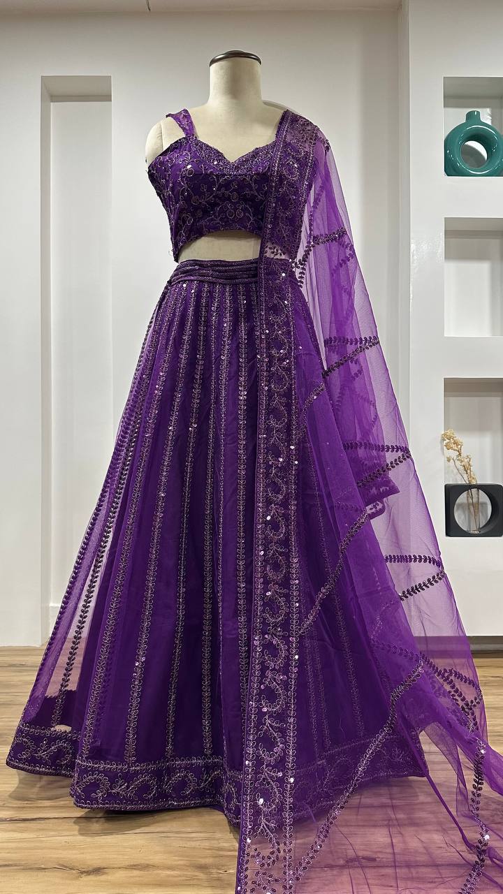 Purple Elegant Net Lehenga Set with Sequins & Dori Work