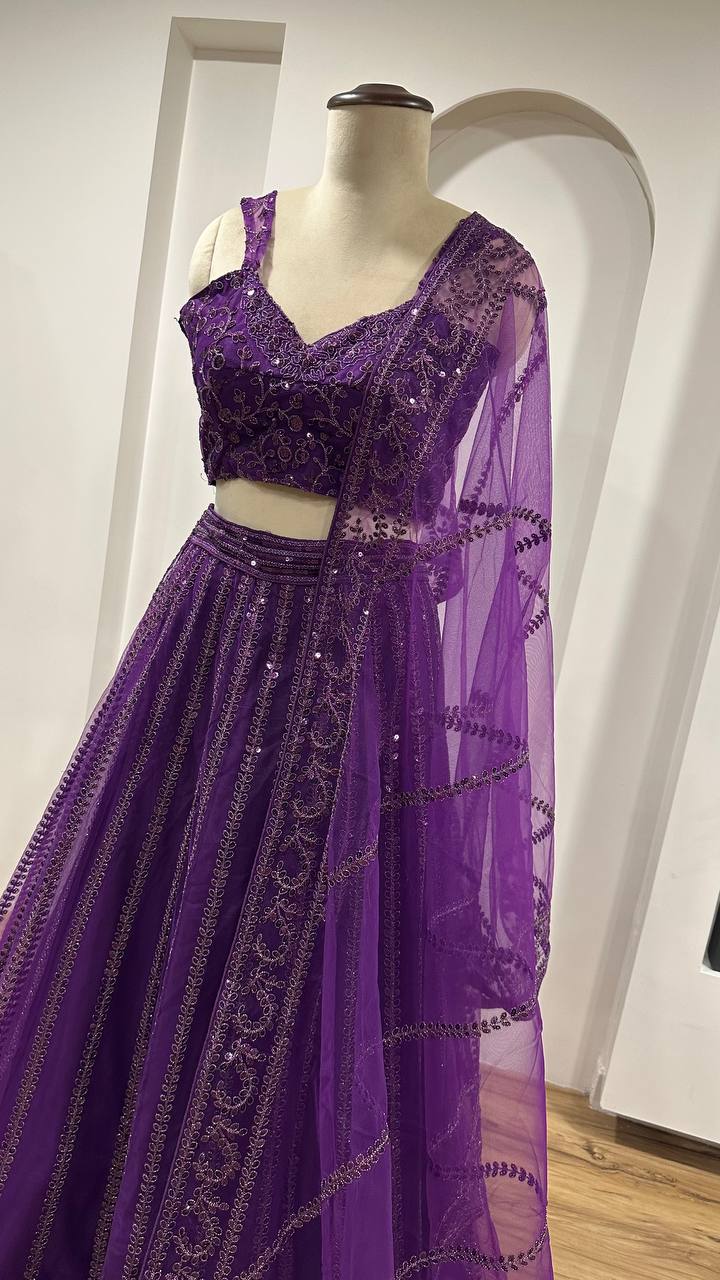 Purple Elegant Net Lehenga Set with Sequins & Dori Work