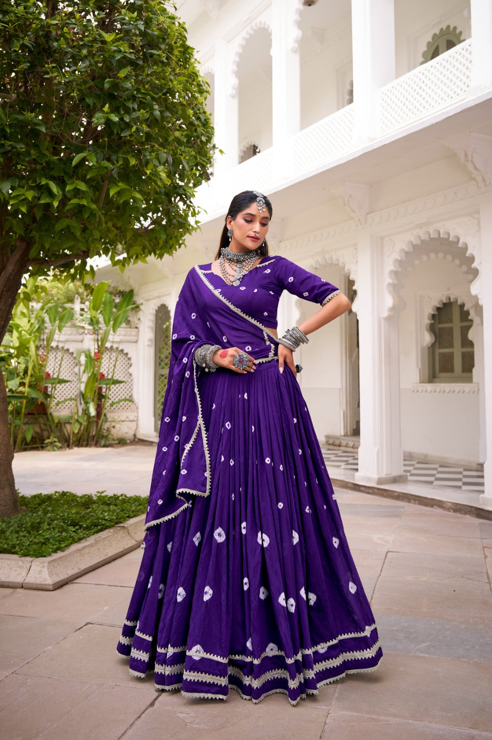 Purple Elegant Pure Chanderi Bandhej Print Lehenga Set with Blouse & Dupatta – Stitched with Canvas and Lace Detailing