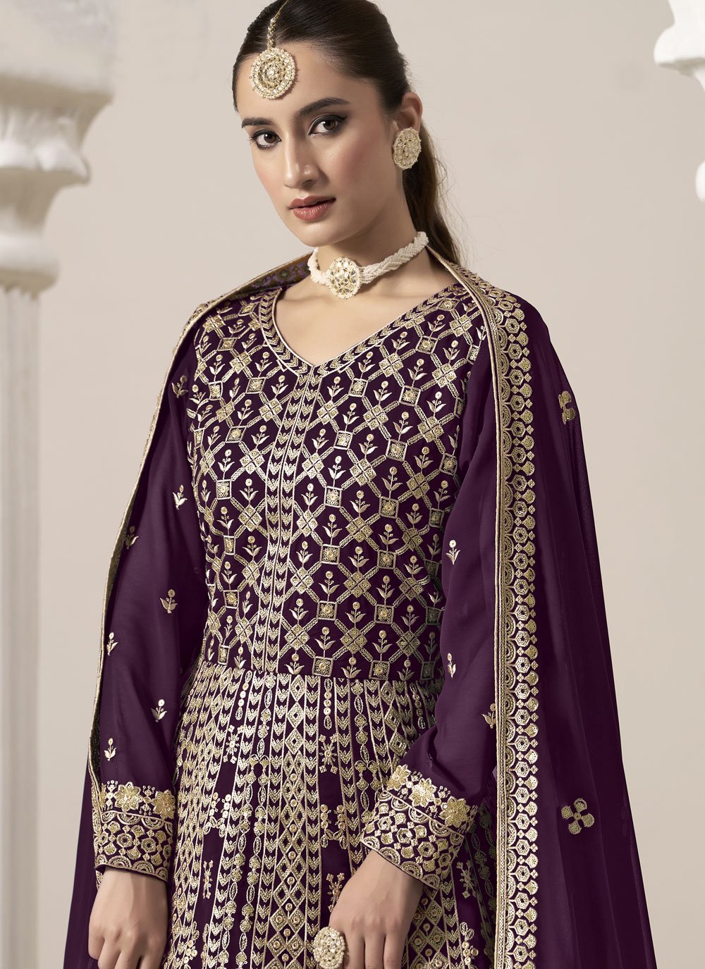 Regal purple faux georgette embroidered long anarkali suit
