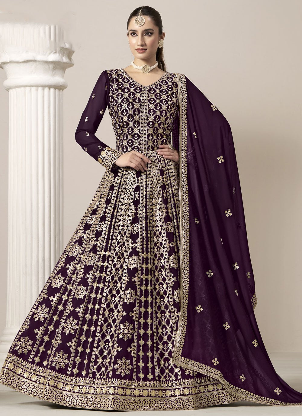 Regal purple faux georgette embroidered long anarkali suit