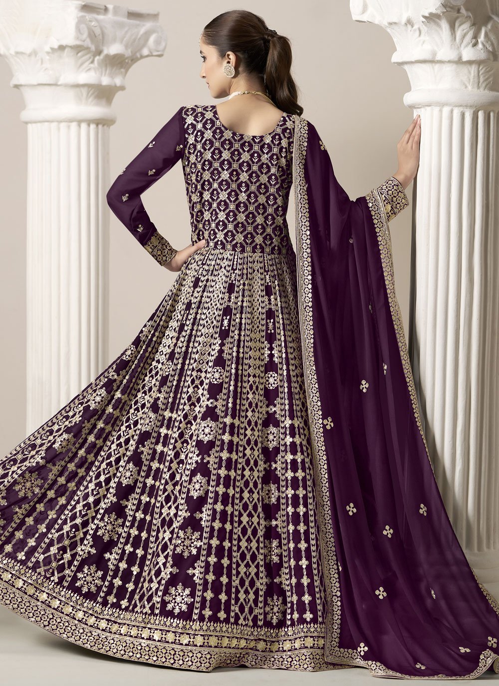 Regal purple faux georgette embroidered long anarkali suit