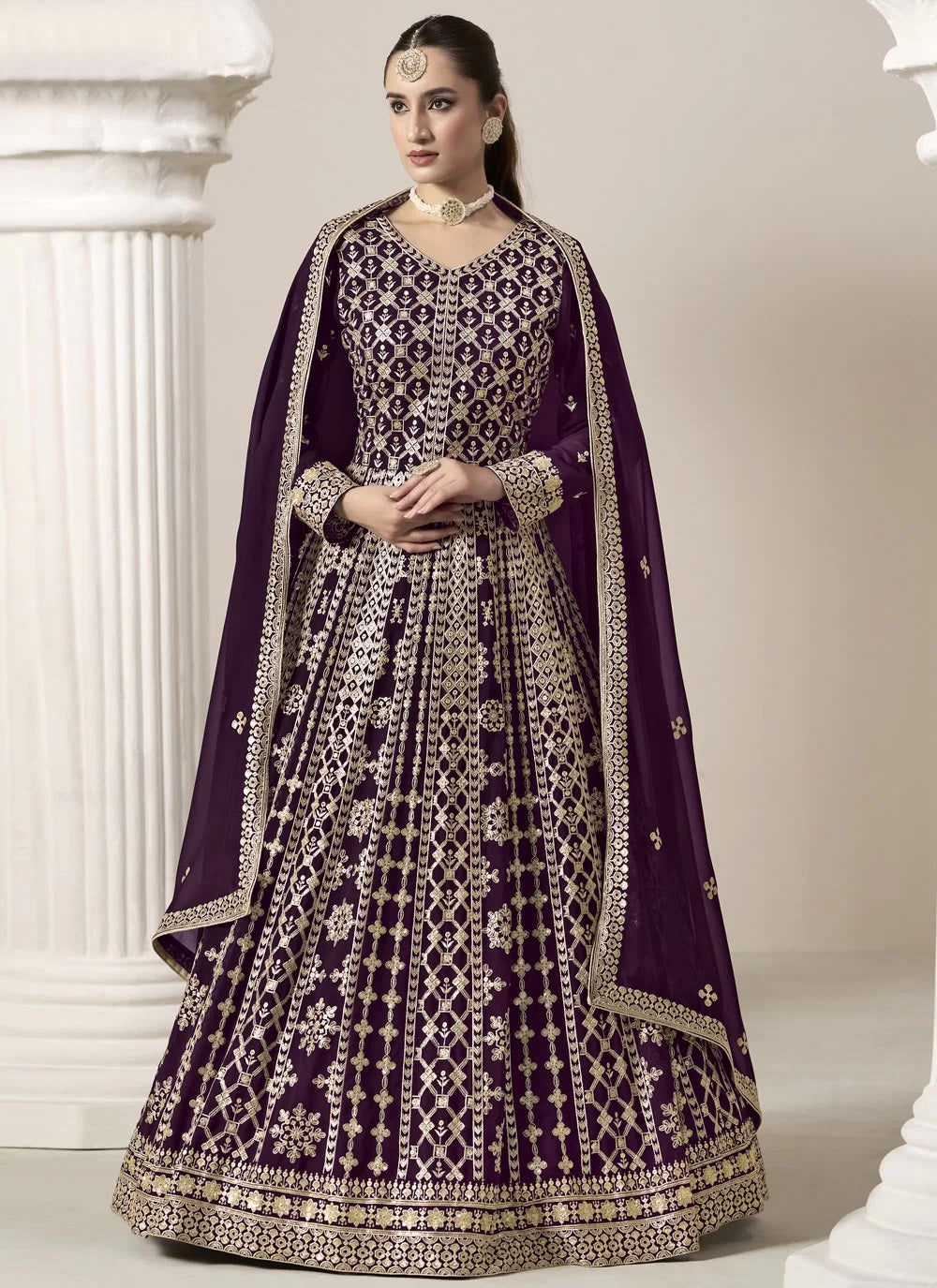 Regal purple faux georgette embroidered long anarkali suit
