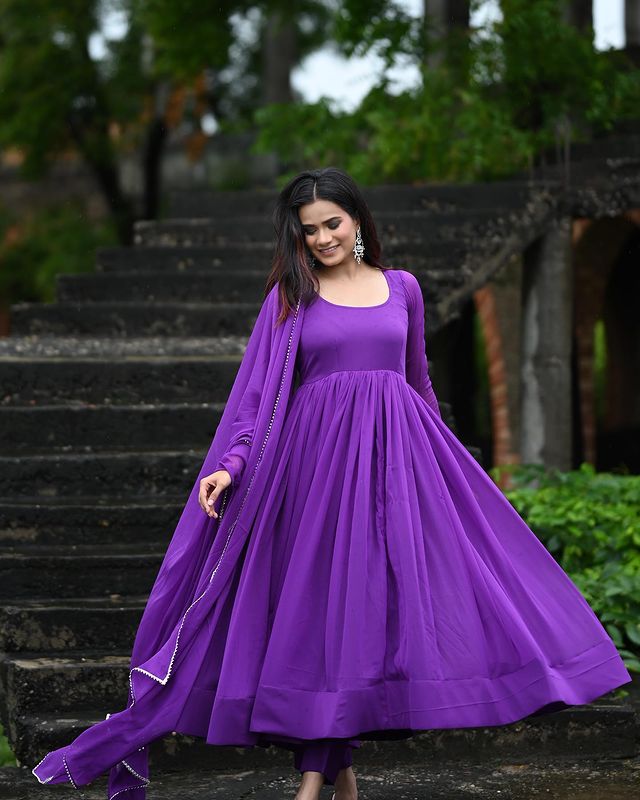 Purple Faux Georgette Plain Gown With Dupatta